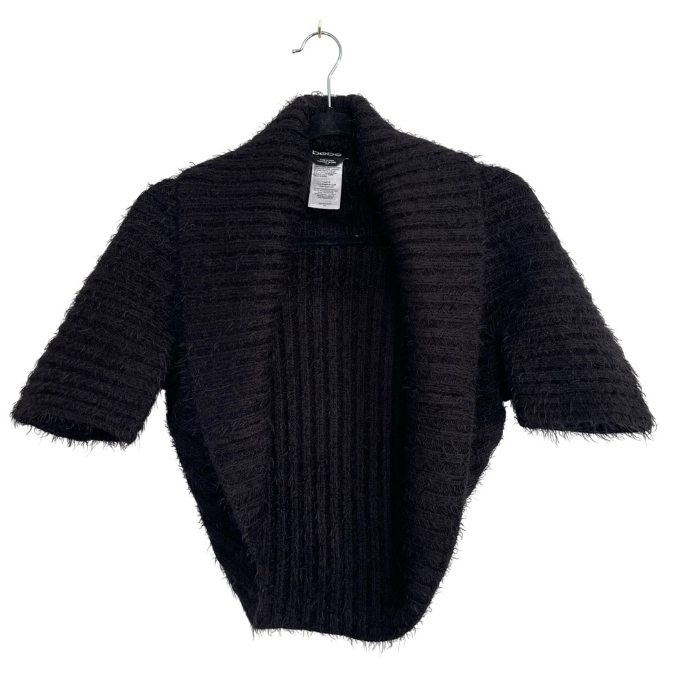 Bebe Black Eyelash Knit Shrug Cardigan Short Sleeve Shawl Collar Bolero Small